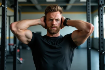 Athlète masculin effectuant un exercice de résistance pour muscler le cou dans une salle de sport moderne