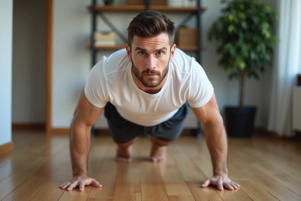 Homme en position de planche abdominale sur le sol d'un appartement minimaliste