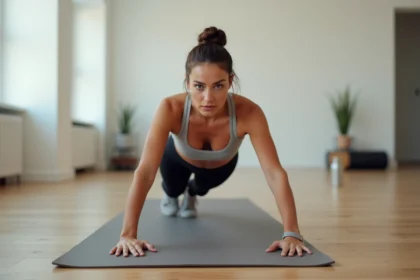 Femme en tenue de sport faisant une planche abdominale sur un tapis de yoga pour perdre la graisse du bas ventre