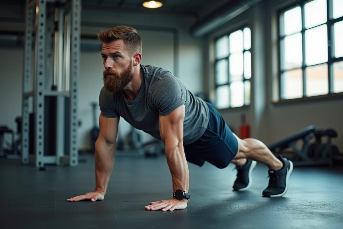 Homme en position de planche sur sol en caoutchouc dans une salle de sport commerciale
