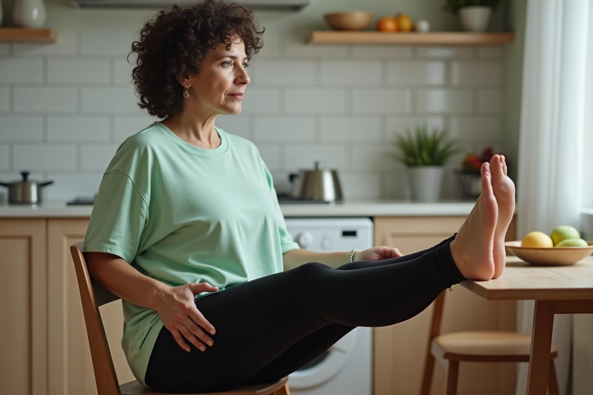 Femme pratiquant un exercice de relevé de genoux assis sur une chaise de cuisine pour travailler les abdominaux en douceur