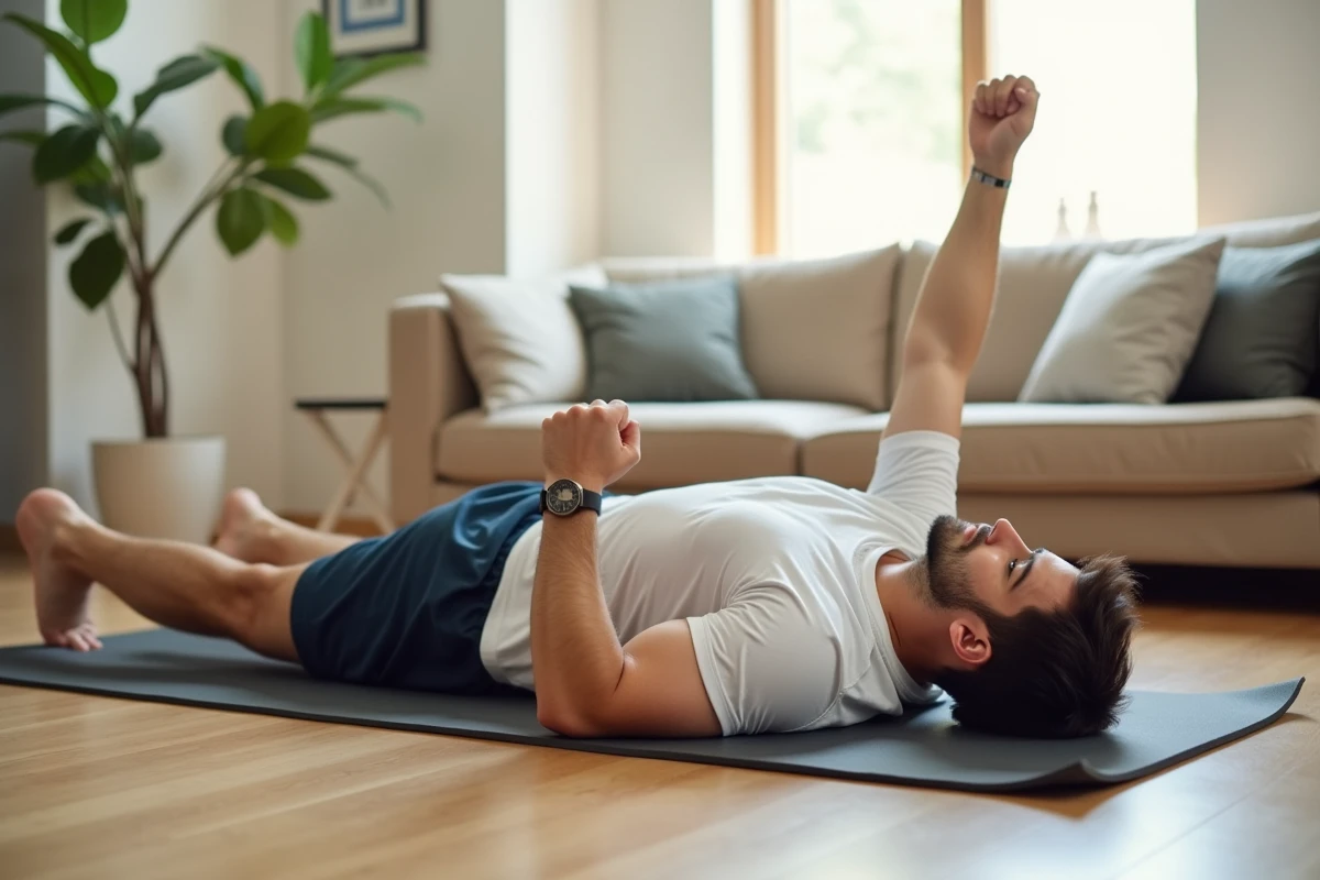 Homme réalisant l'exercice Superman sur tapis chez lui pour renforcer les muscles du dos