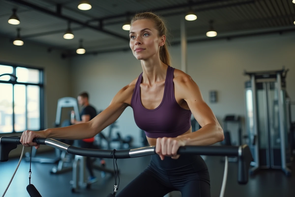 Femme sportive réalisant un triceps pushdown sur machine à câble en salle de musculation