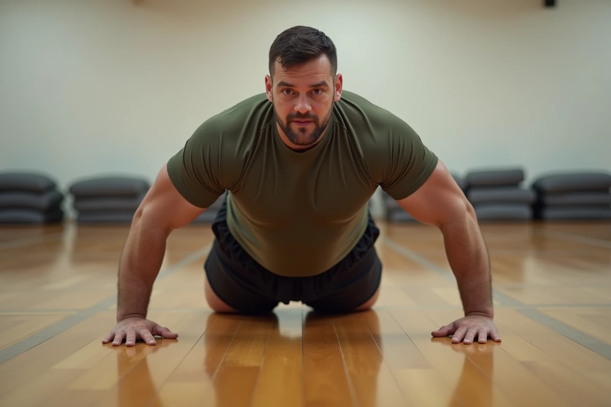 Homme réalisant un exercice de gainage en V assis sur le parquet d'un dojo d'arts martiaux