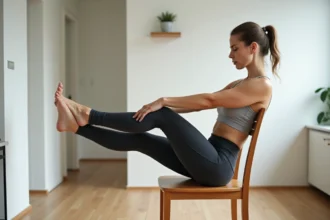 Femme réalisant un exercice de relevé de jambes assis sur une chaise en bois pour travailler les abdominaux et perdre du ventre