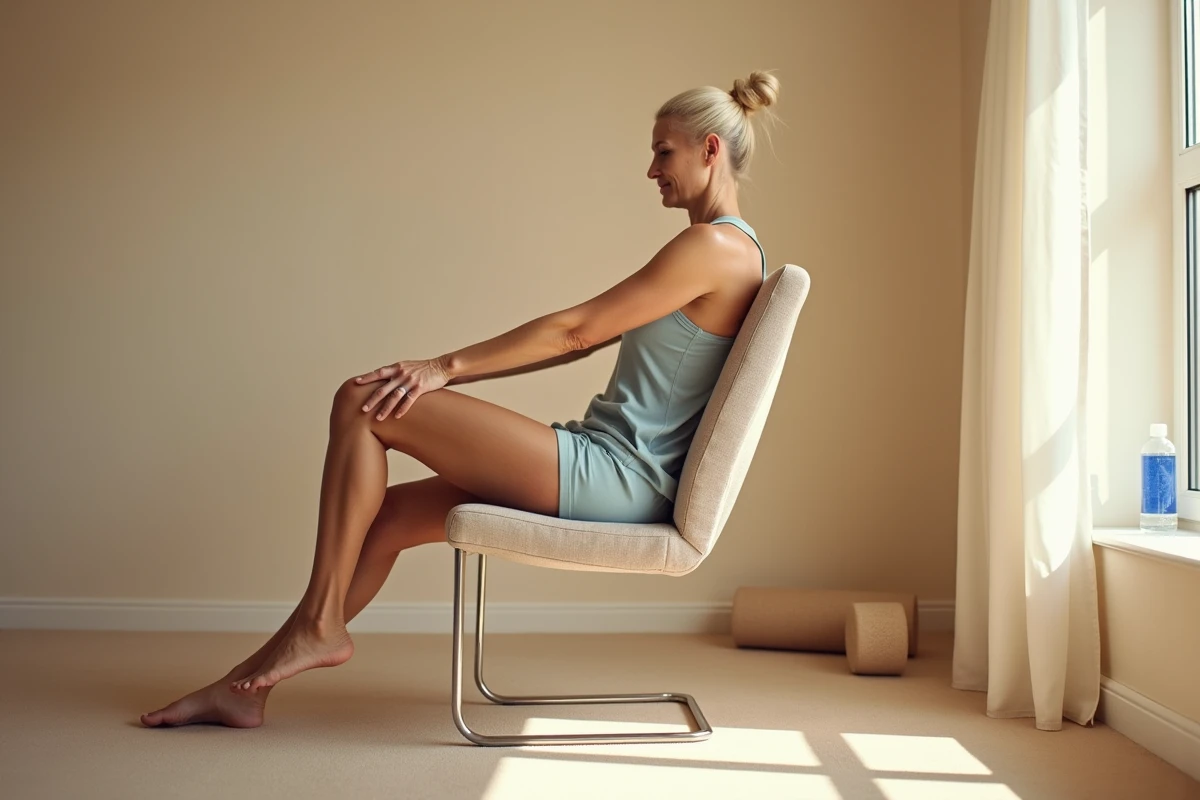 Femme pratiquant un exercice de remonté des genoux sur le bord d'une chaise rembourrée pour renforcer les abdominaux et perdre du ventre