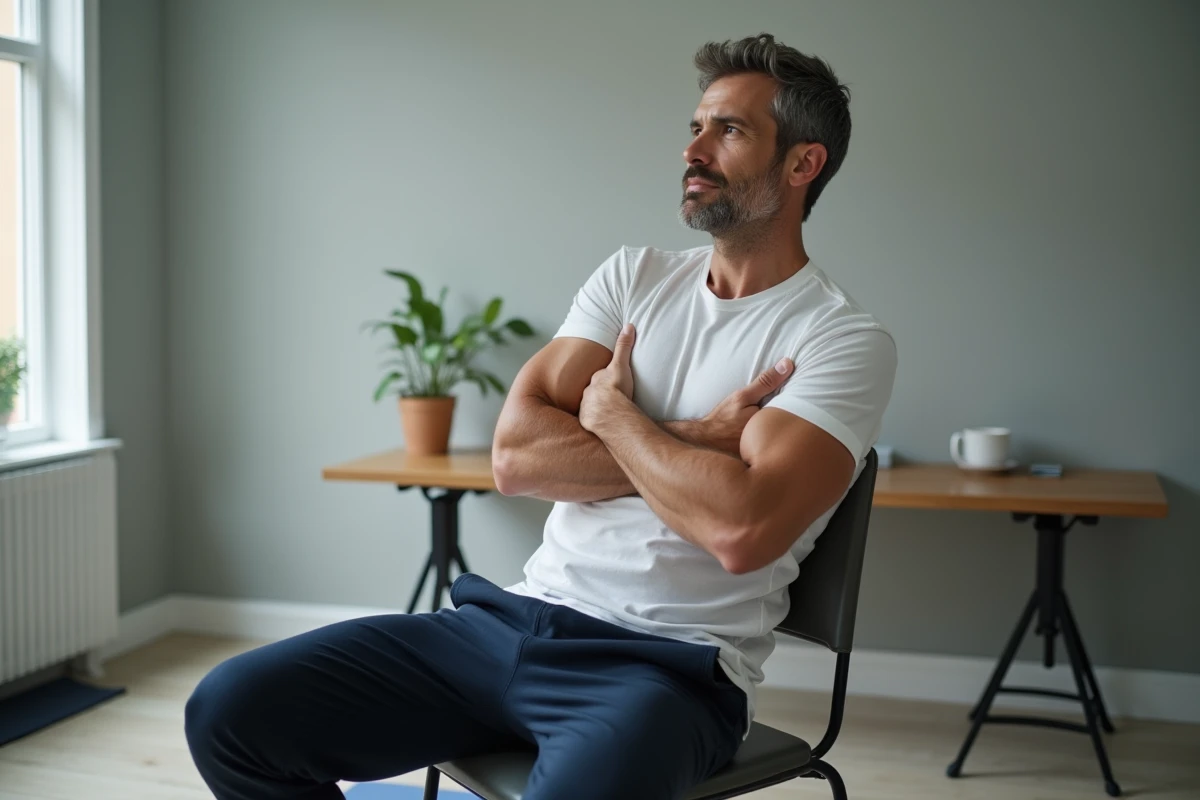Homme effectuant une rotation du tronc assis sur une chaise métallique pour muscler les obliques et affiner la taille
