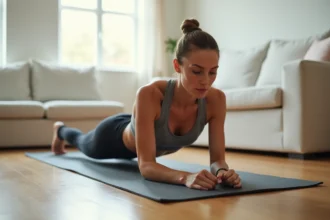 Femme faisant des crunchs abdominaux sur un tapis de yoga dans un salon moderne