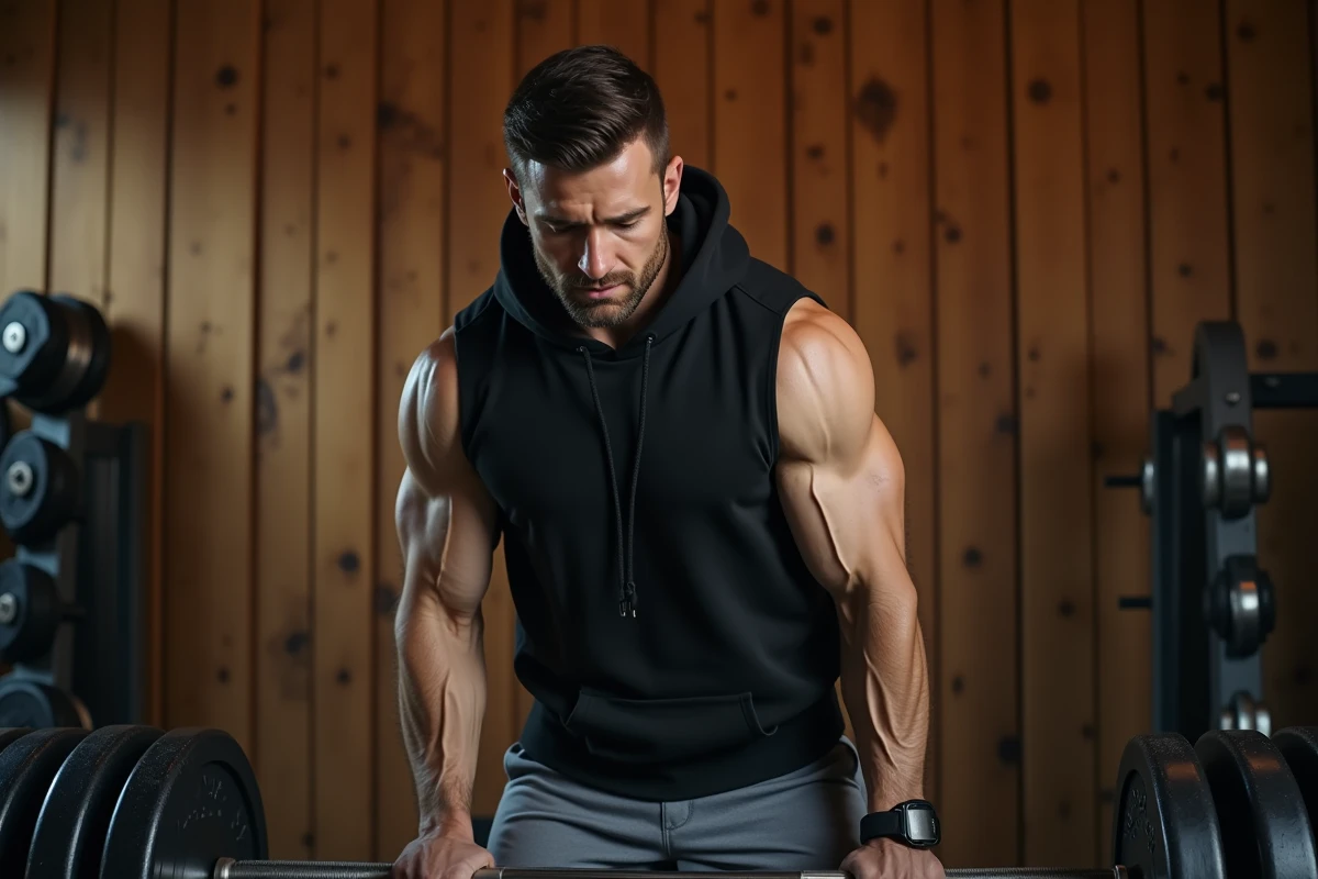 Homme effectuant un curl barre debout pour les biceps dans une salle de musculation traditionnelle
