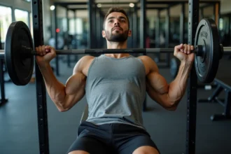 Homme musclé effectuant un développé couché avec haltères dans une salle de sport moderne