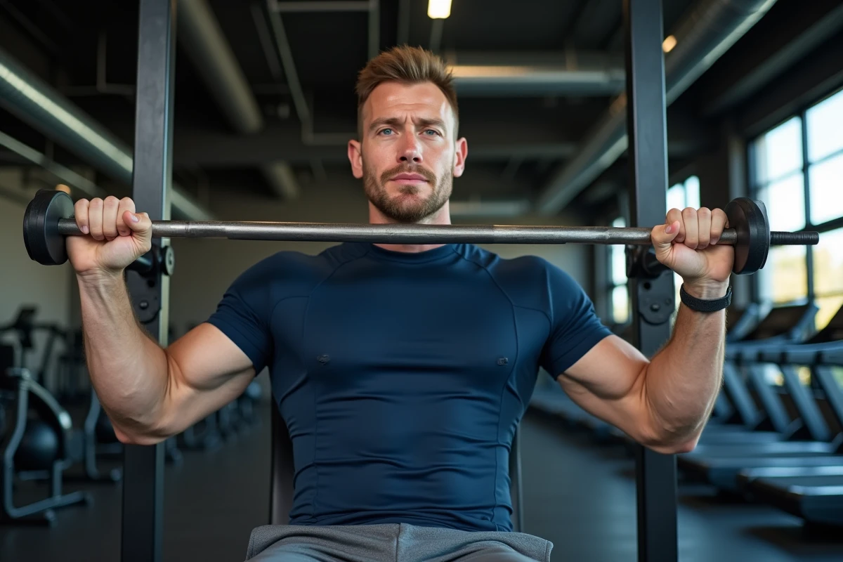 Homme d'âge moyen travaillant les dorsaux sur une machine à tirage vertical en salle de sport