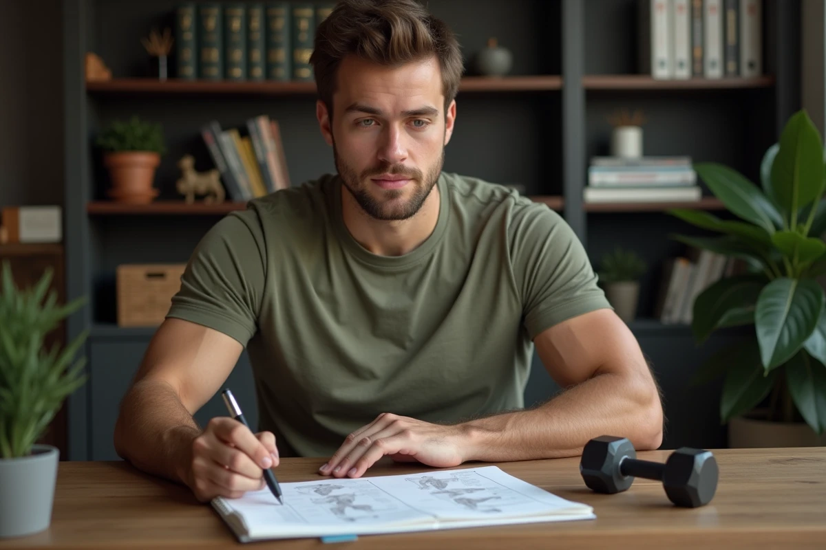 Homme planifiant son programme d'entraînement musculaire avec un carnet d'exercices et des schémas de groupes musculaires