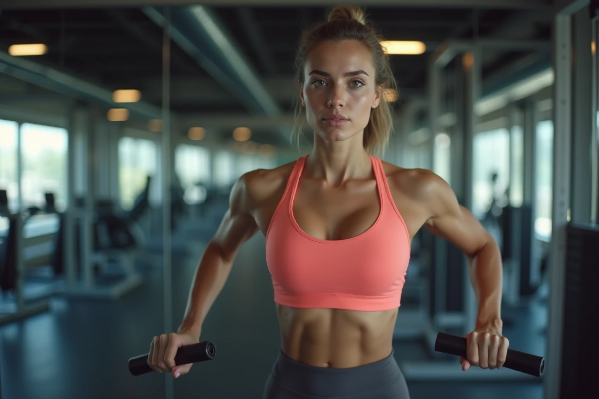 Femme réalisant un exercice de triceps à la poulie dans une salle de musculation