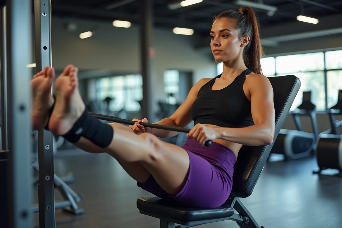 Femme effectuant une extension de jambe sur machine câble pour les quadriceps