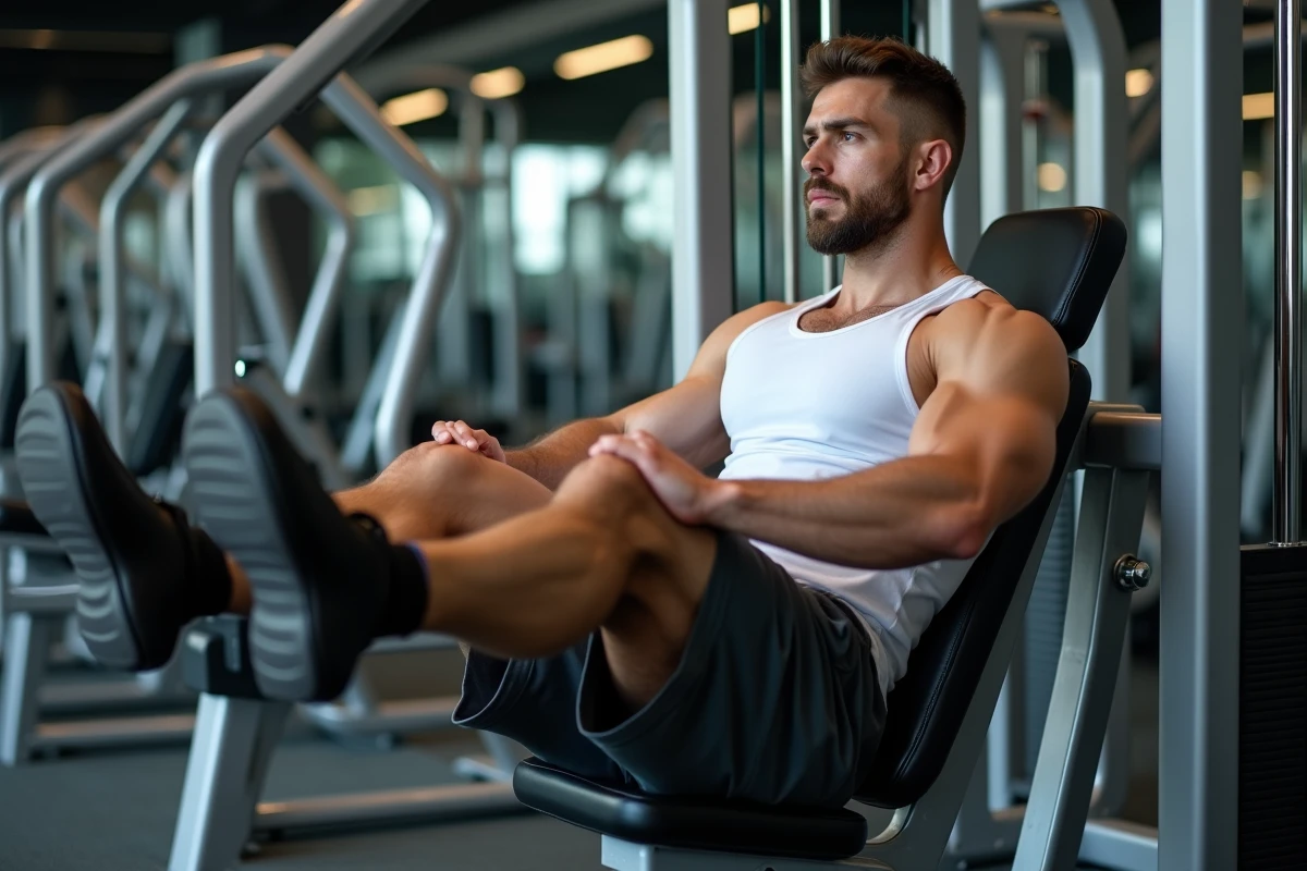 Homme musclé réalisant des extensions de mollets assis sur une machine de musculation en salle