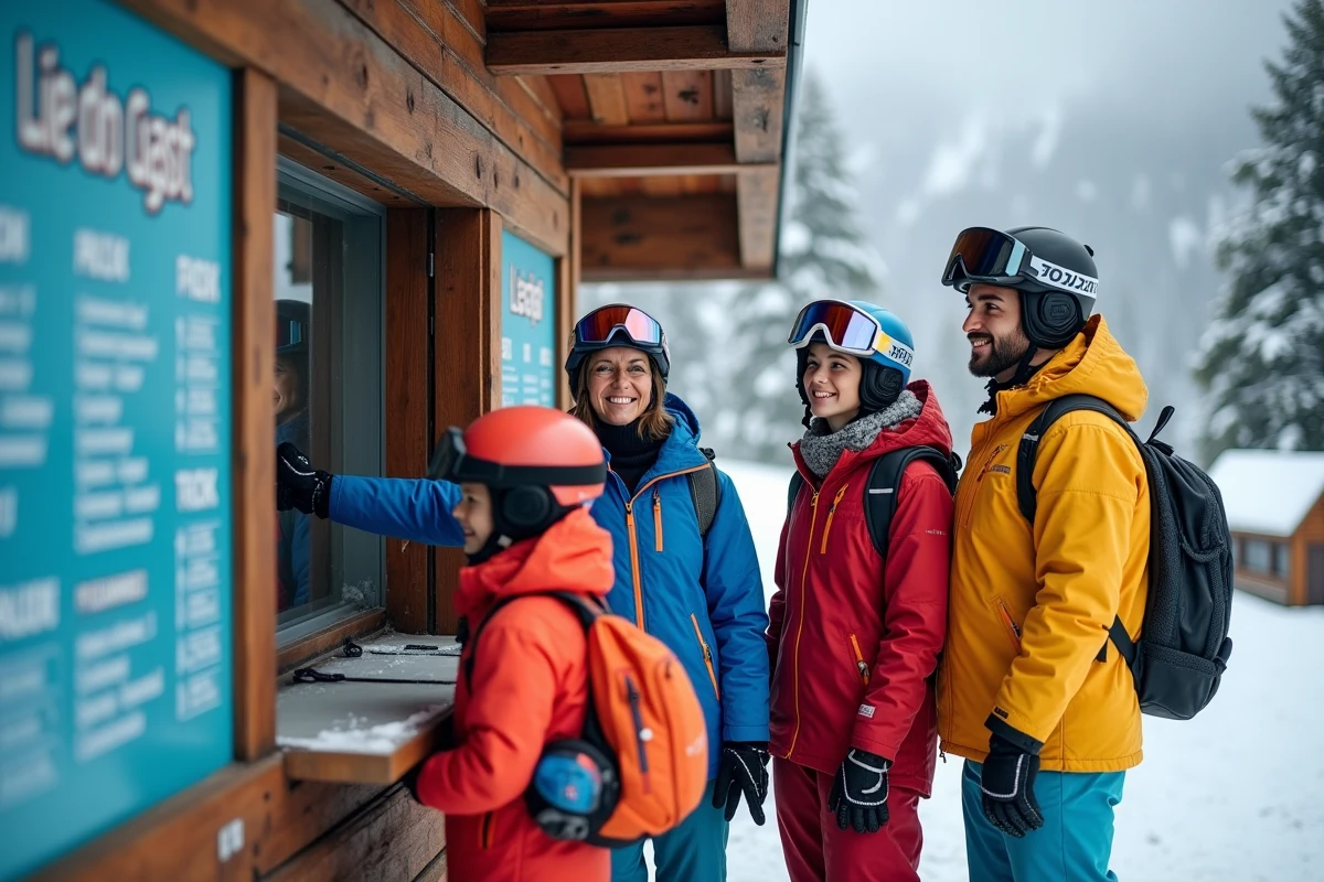 Famille souriante achetant un forfait ski pas cher aux Deux Alpes au guichet de la station