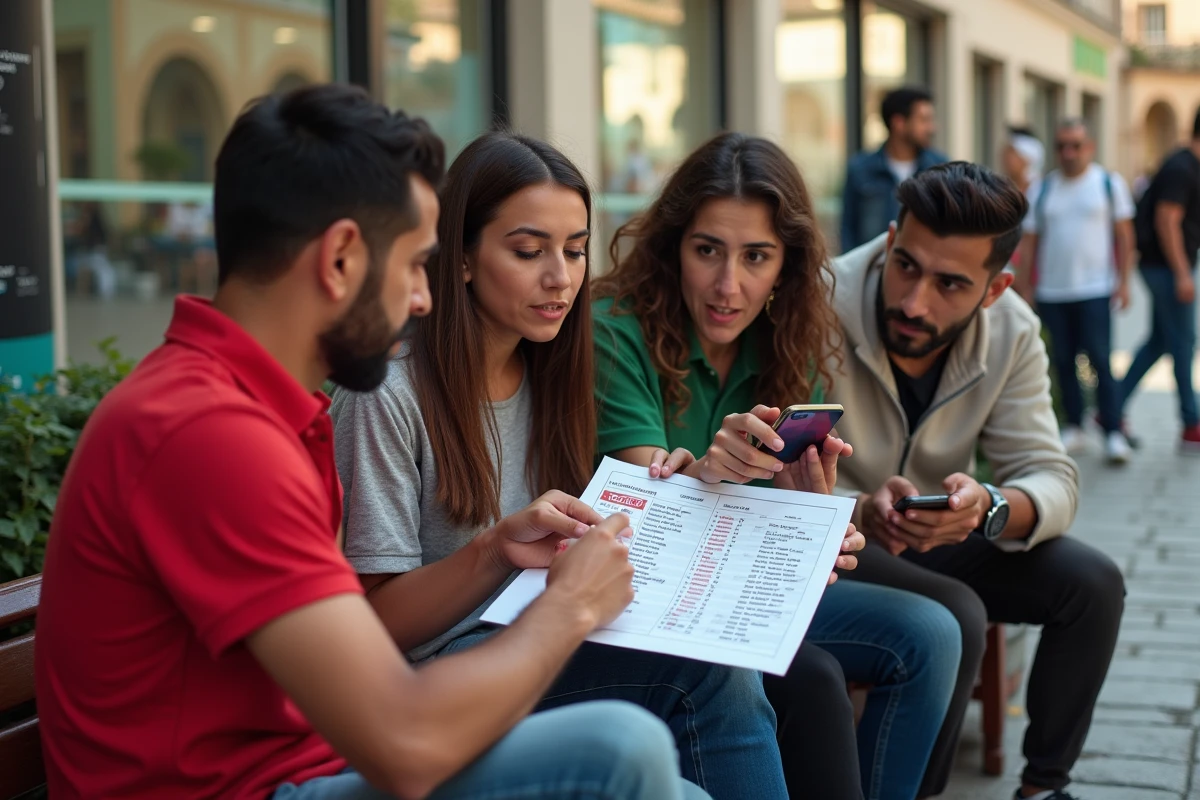 Groupe de supporters algériens regardant un document en ville