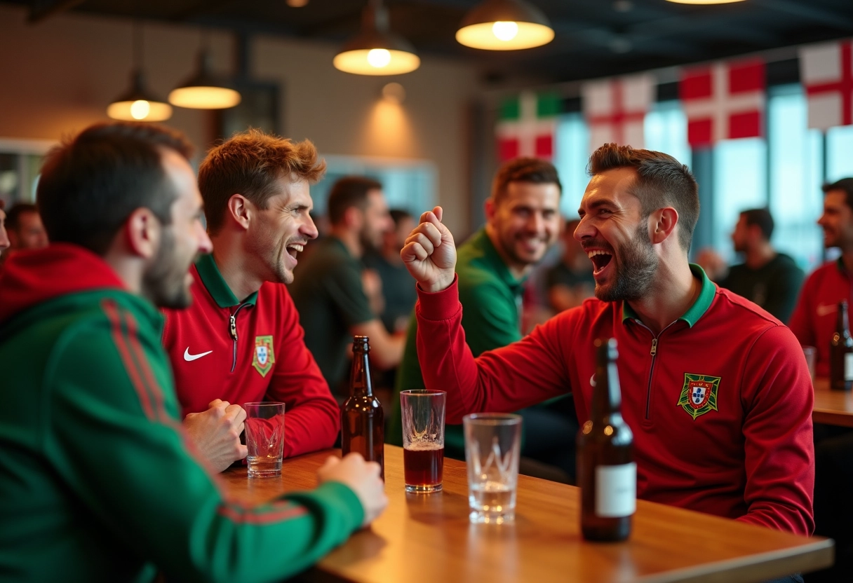 Supporters portugais et danois réagissent après le match