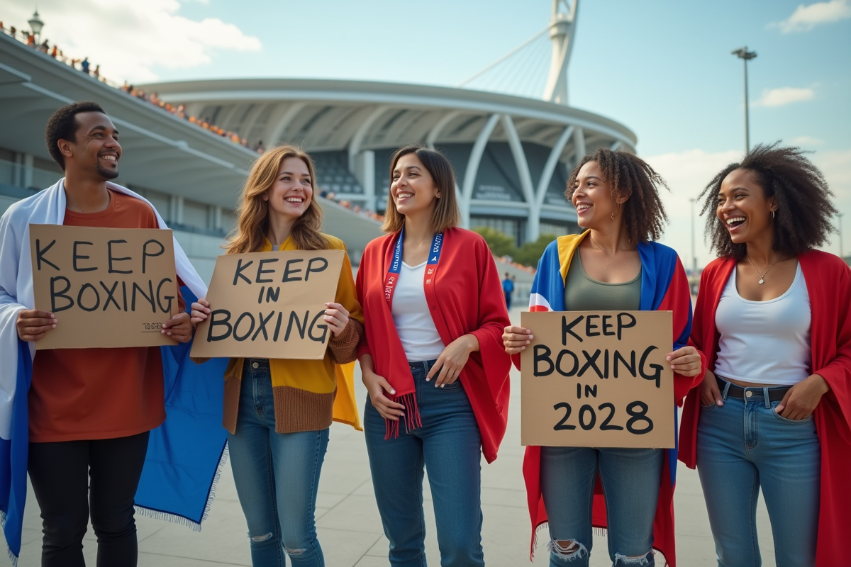 Fans de boxe avec drapeaux devant le stade olympique