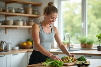 Femme de 50 ans en tenue de sport préparant une salade saine dans une cuisine moderne pour perdre du ventre