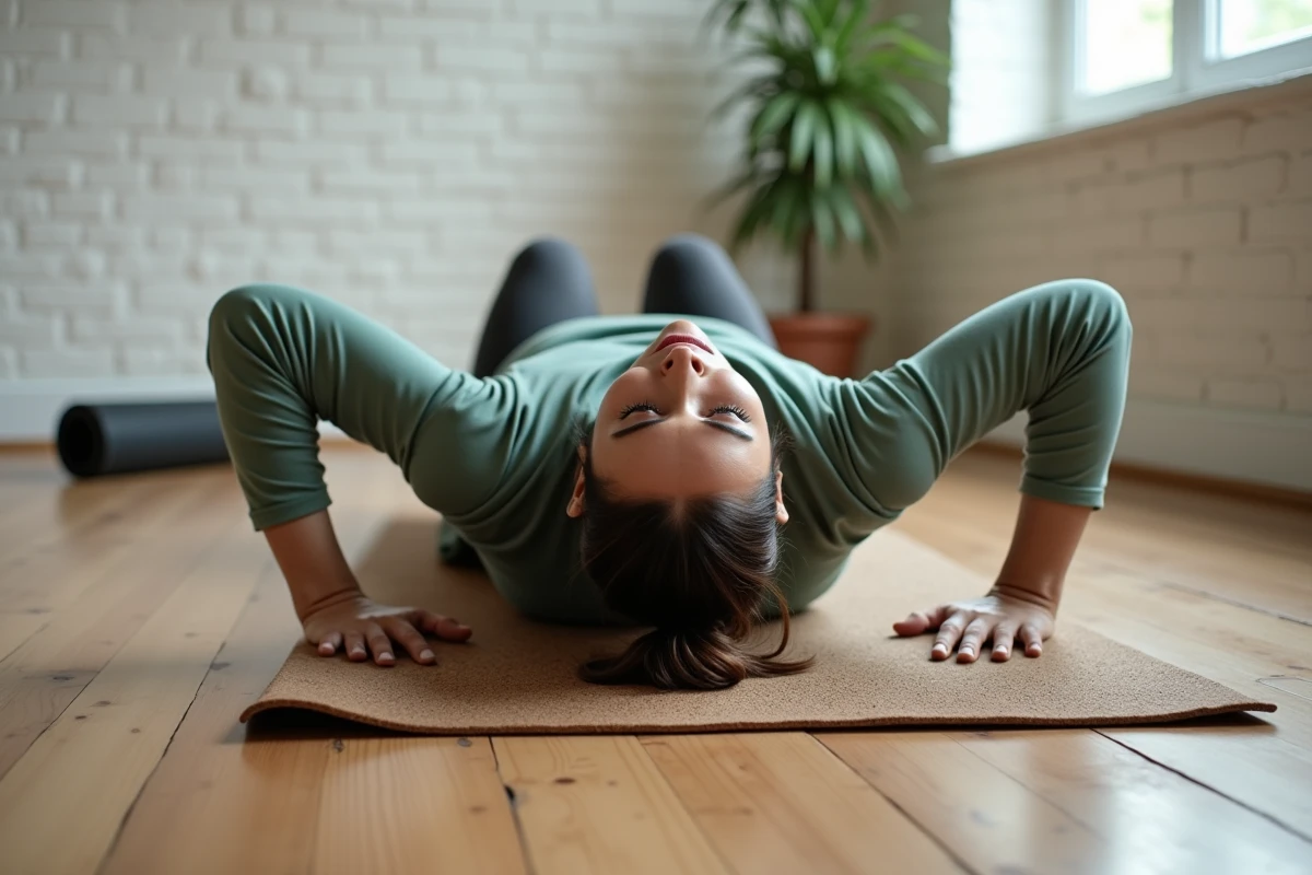 Femme réalisant des crunchs abdominaux sur un tapis en liège dans un espace dédié au sport à la maison