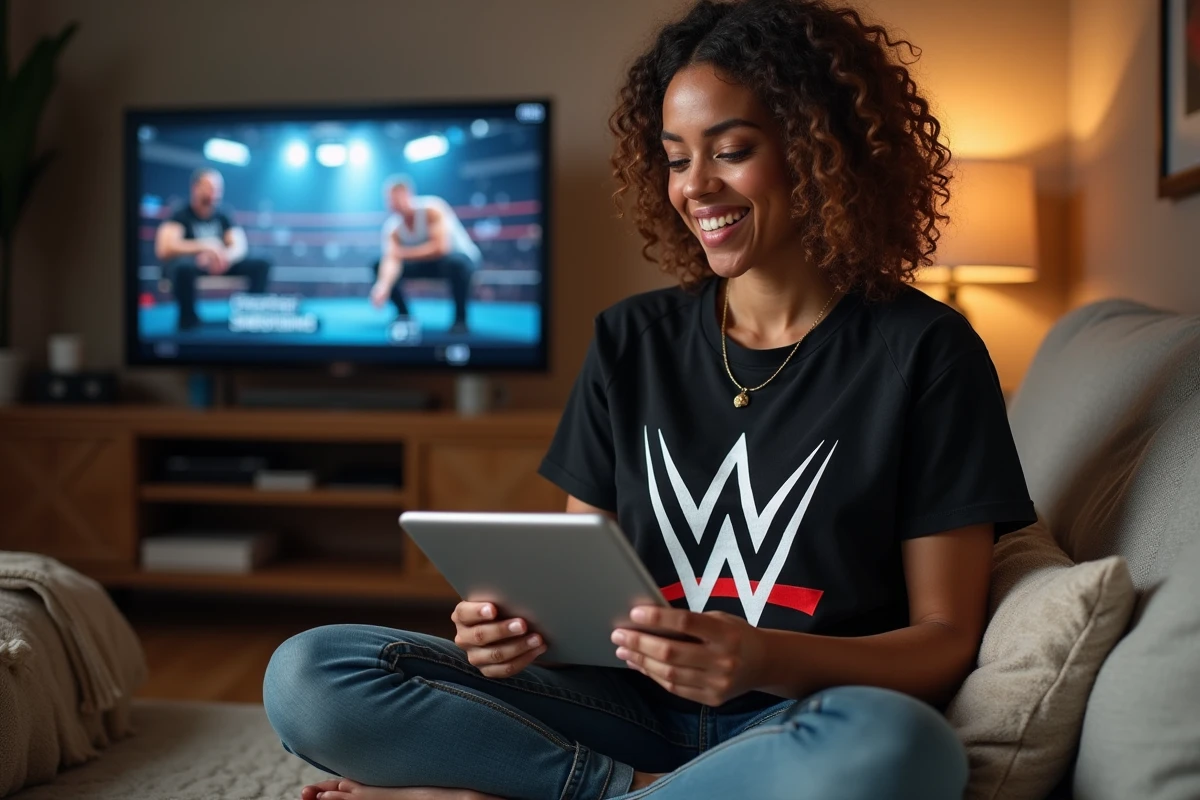 Femme découvrant les actualités WWE sur une tablette dans son salon, exprimant sa surprise face aux rebondissements des storylines