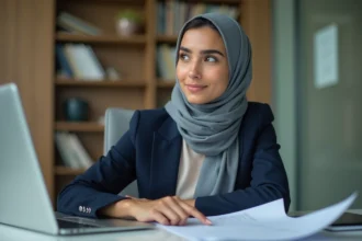 Femme d'affaires moyen-orientale en blazer navy et foulard