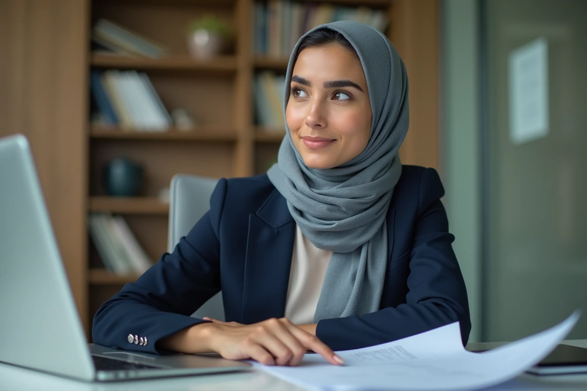 Femme d'affaires moyen-orientale en blazer navy et foulard