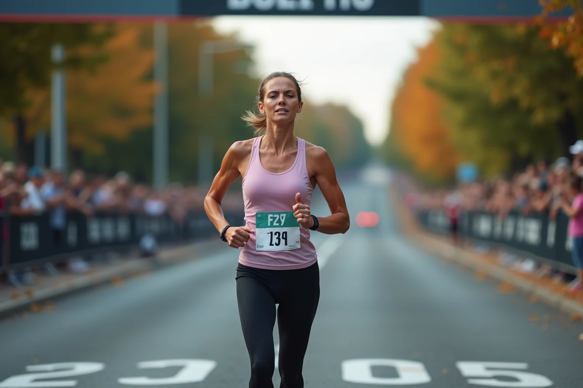 Femme franchissant la ligne d'arrivée d'une course de 10 km avec un dossard de compétition