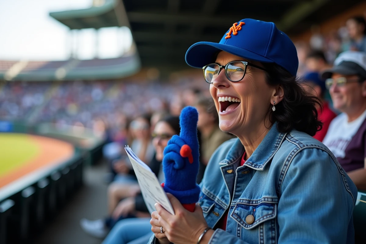 Femme souriante portant casquette Mets lors d'un match