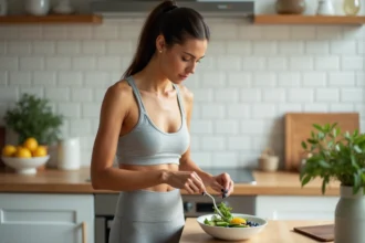 Femme préparant un bol santé avec des aliments brûle-graisses pour perdre du ventre