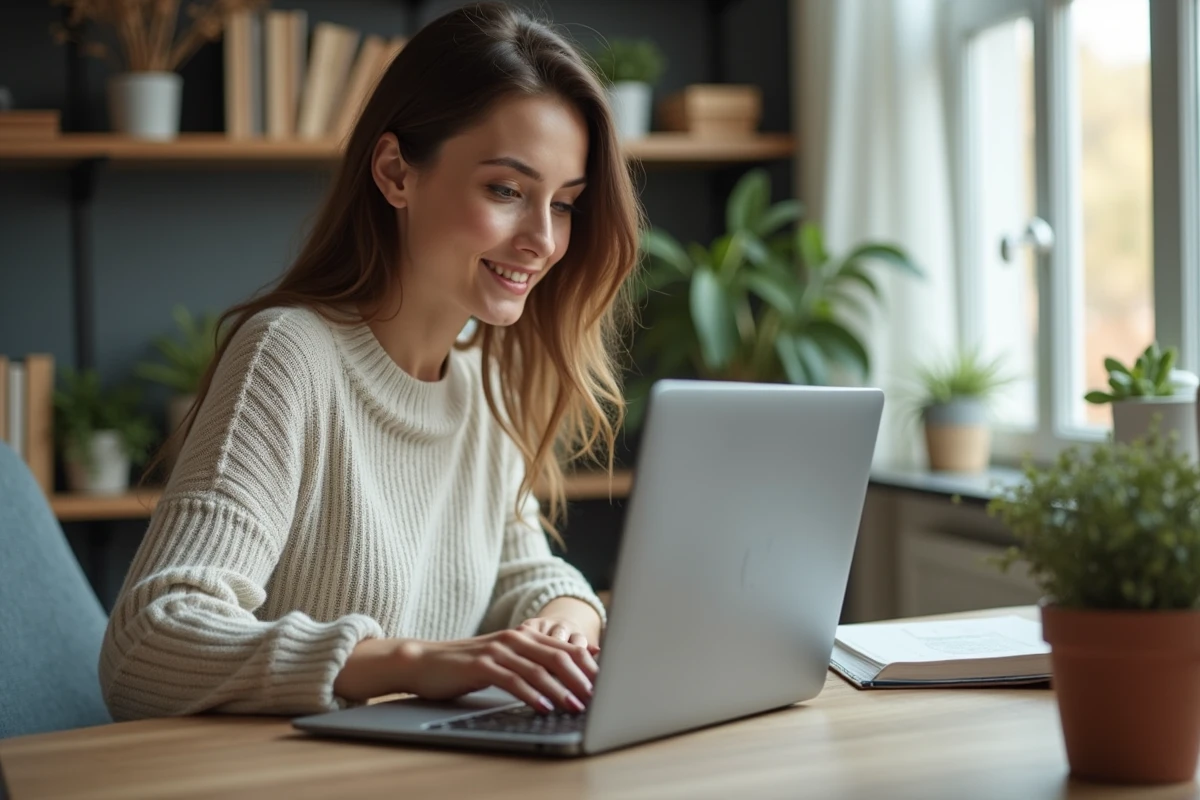 Femme assise à un bureau moderne utilisant un ordinateur portable