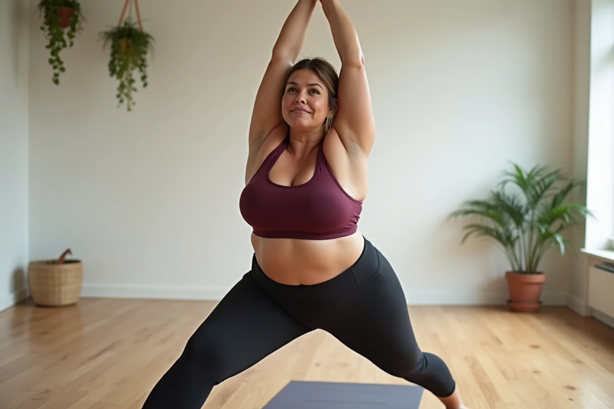 Femme aux courbes athlétiques en phase d'étirement final d'un burpee dans un studio de yoga lumineux