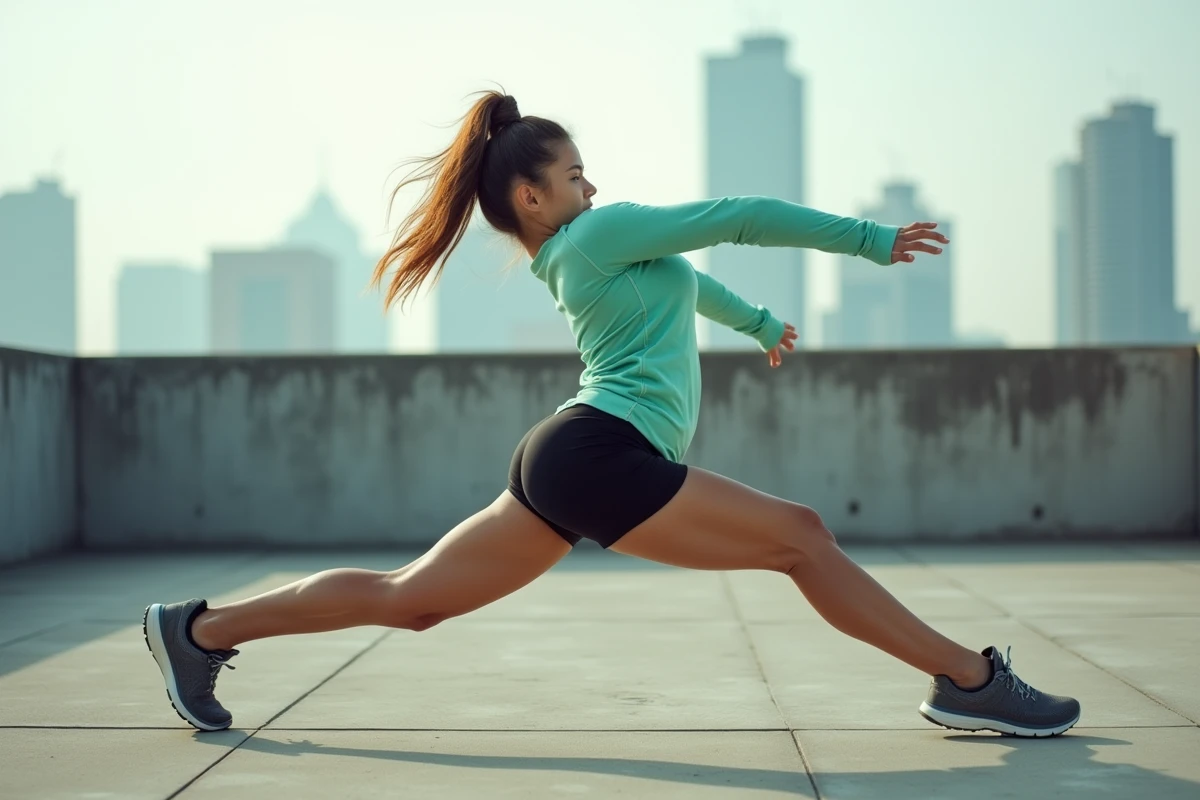 Jeune femme en position planche lors du saut arrière d'un burpee sur un rooftop urbain
