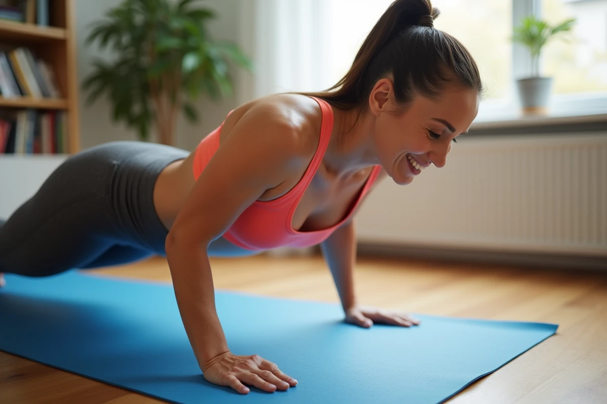 Femme faisant la phase pompe d'un burpee sur un tapis de yoga chez elle