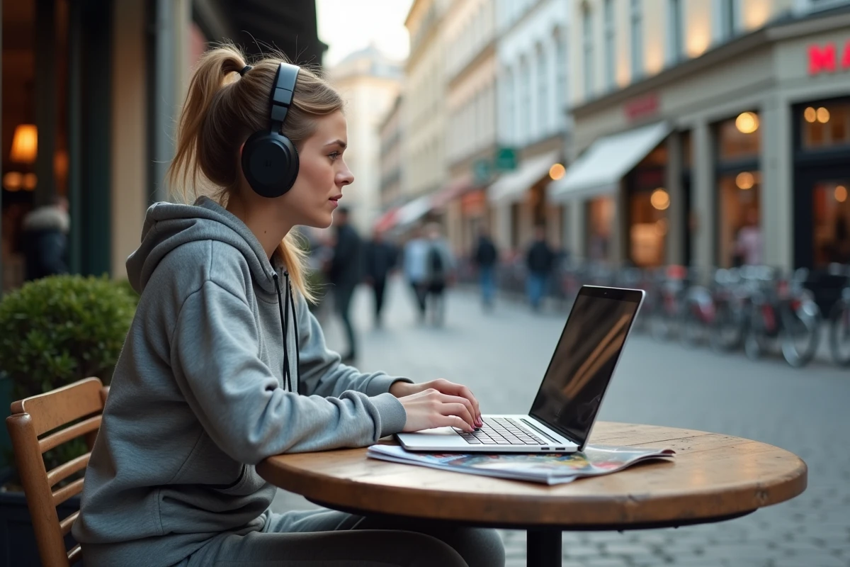 Jeune femme au café regardant son ordinateur portable en extérieur