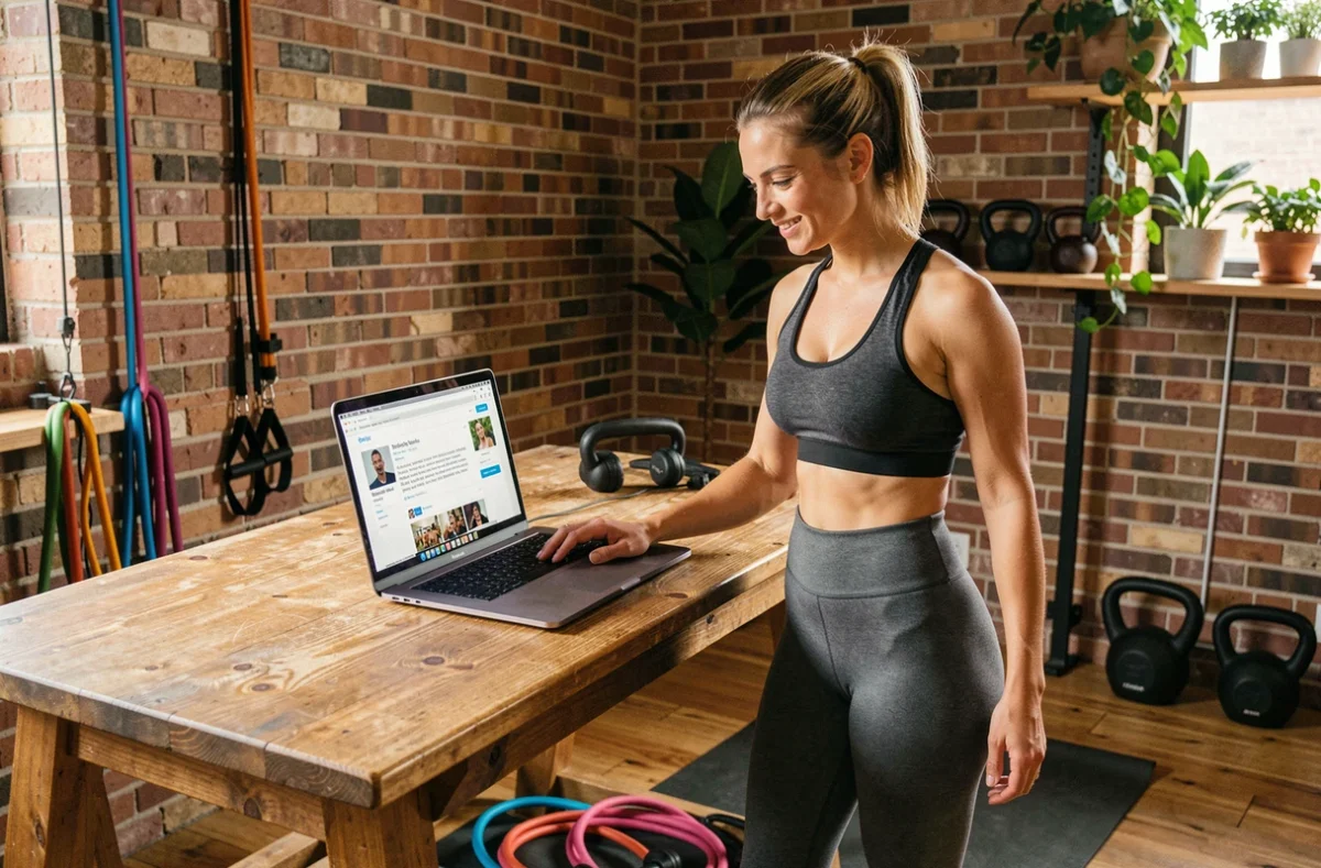 Femme consultant la communauté JVC Muscu sur ordinateur dans une salle de sport à domicile pour rester motivée