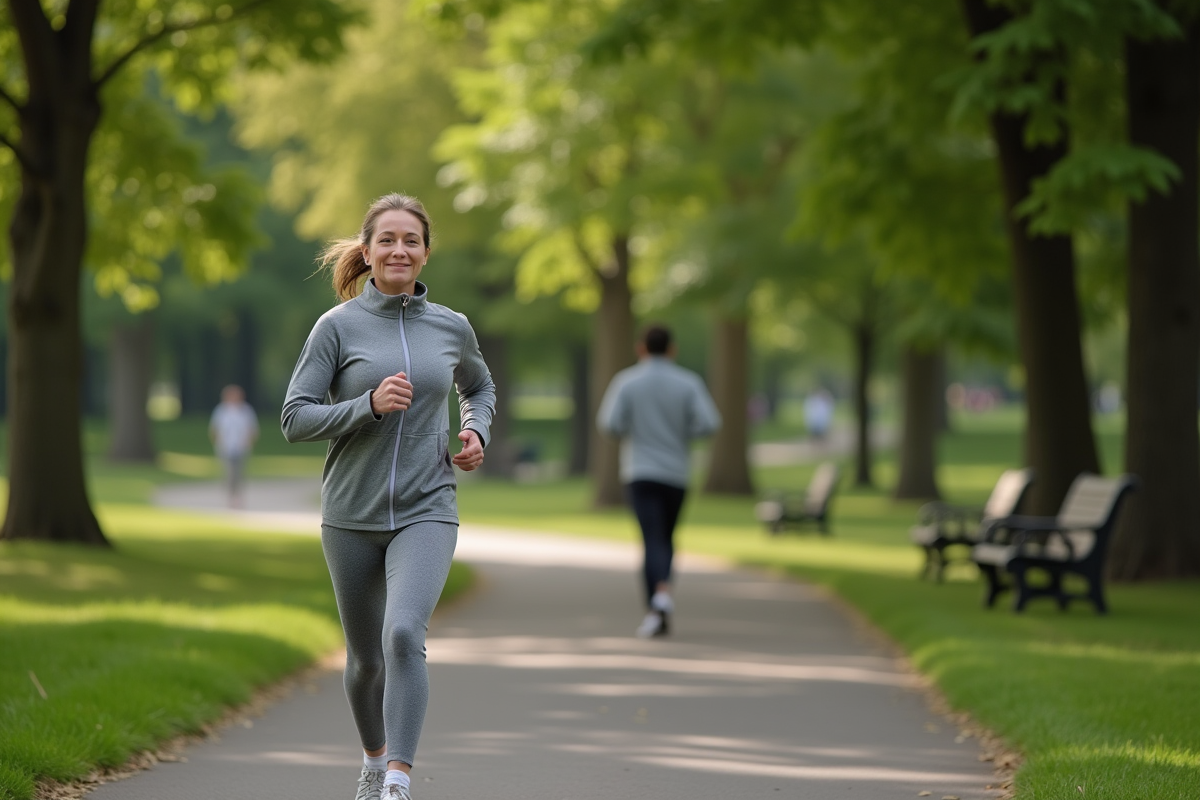 Femme d'âge moyen courant dans un parc verdoyant