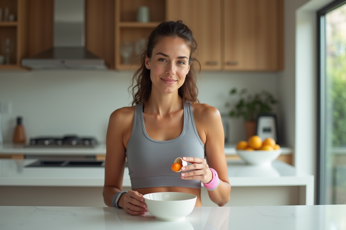 Jeune femme sportive préparant un œuf dans la cuisine