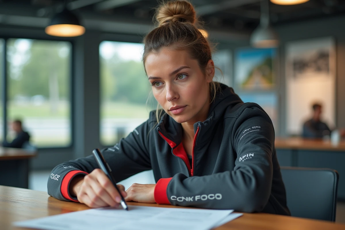 Femme cycliste regardant un contrat dans un centre d