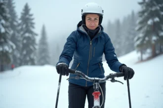 Femme adulte débutante utilisant une patinette ski sur une piste verte enneigée avec un air prudent mais confiant