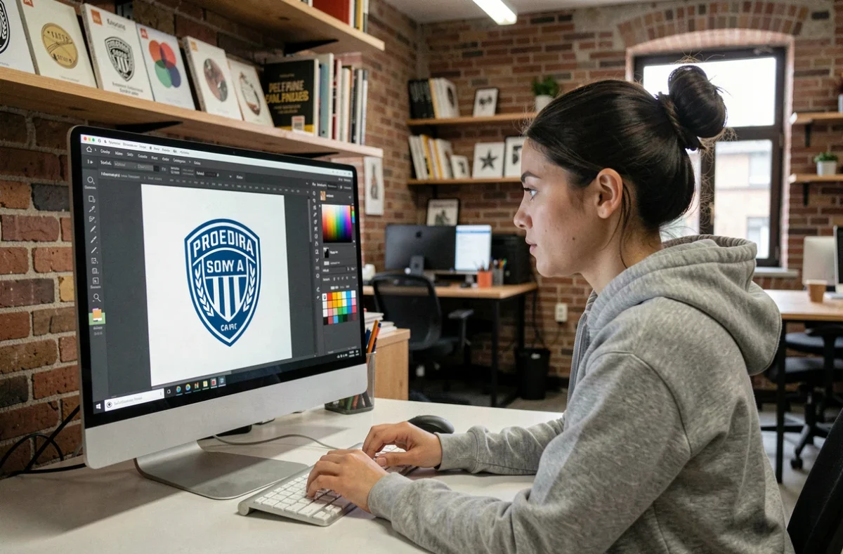 Femme graphiste amateur concevant un logo football sur Canva dans un espace de co-working