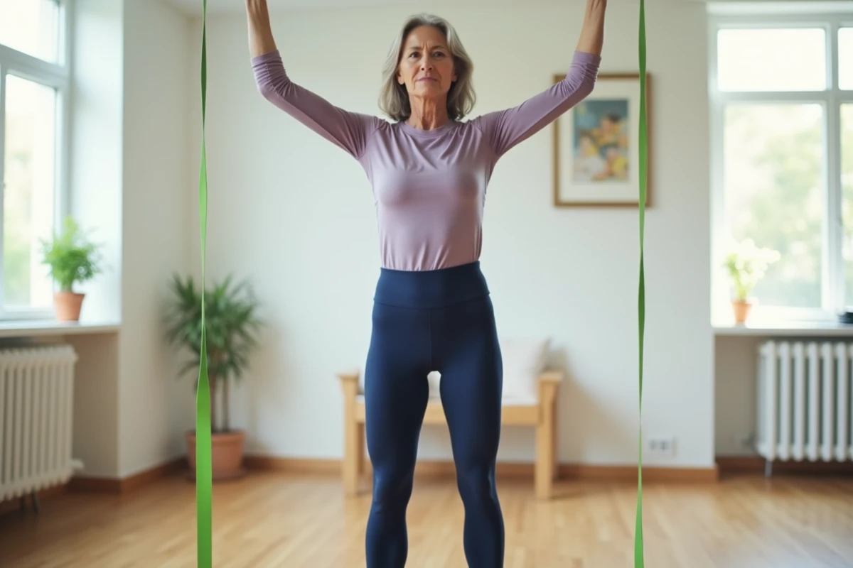 Femme d'une cinquantaine d'années faisant un développé épaules avec un élastique de fitness dans un bureau à domicile