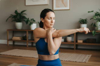 Femme en posture d'étirement d'épaule dans un salon chaleureux