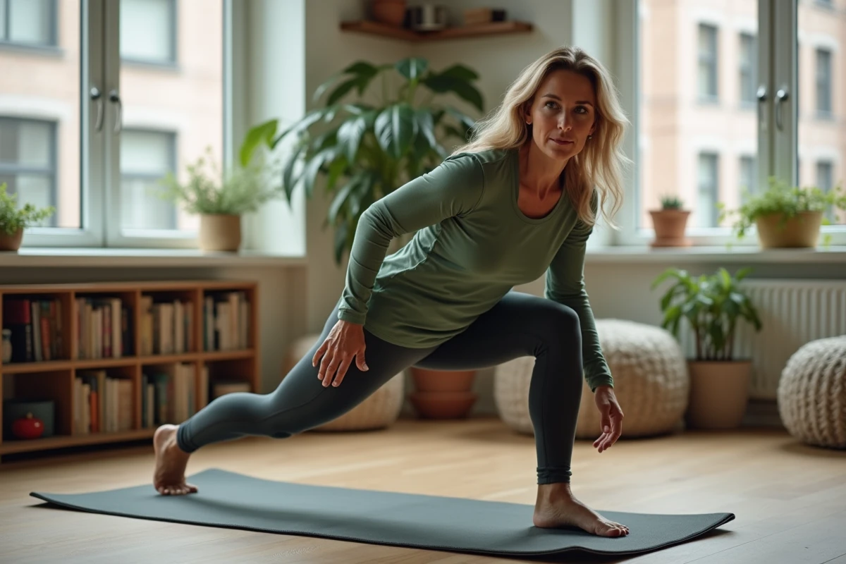 Femme réalisant un exercice de gainage debout dans un appartement moderne pour affiner sa silhouette abdominale