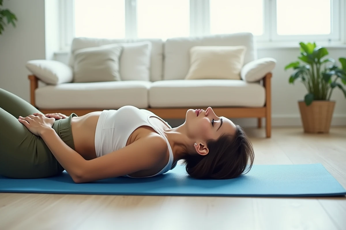 Femme exécutant un exercice superman pour renforcer les muscles du bas du dos sur un tapis de yoga à la maison