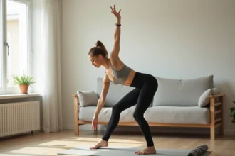 Femme faisant un exercice de gainage debout dans un salon minimaliste pour perdre du ventre sans régime