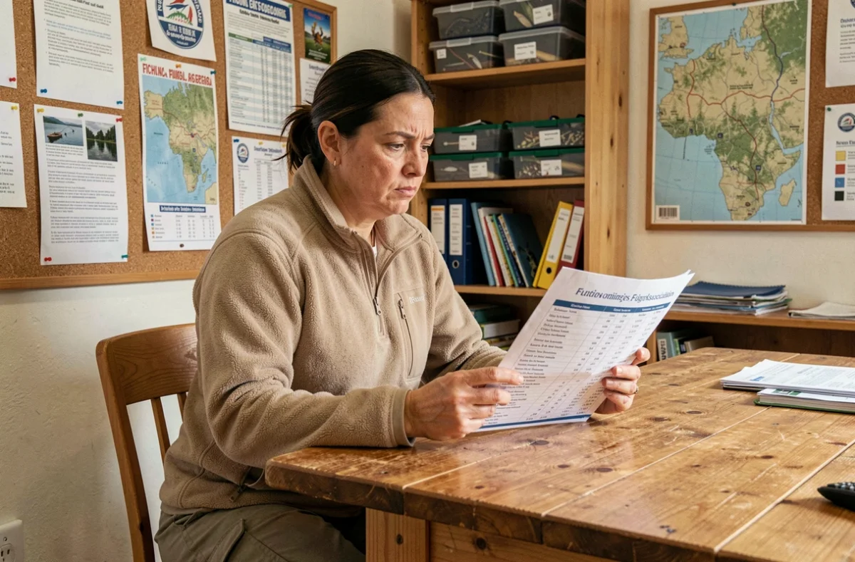 Femme consultant la grille tarifaire du permis de pêche dans un bureau de fédération de pêche locale