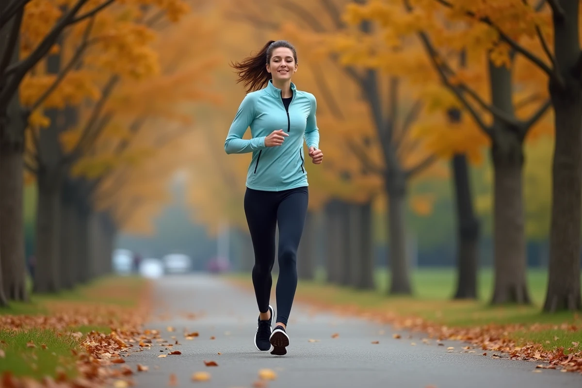 Femme faisant du jogging dans un parc en automne pour brûler les graisses abdominales