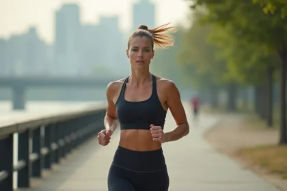 Femme courant sur un chemin urbain en bord de rivière pour perdre du ventre grâce au jogging
